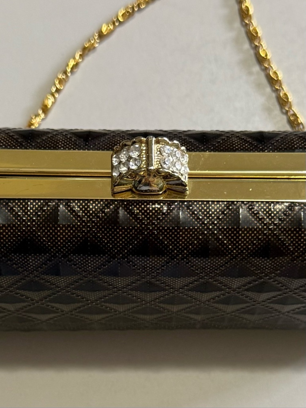 Elegant Brown Textured Evening Clutch with Gold Chain - Picture 2 of 9